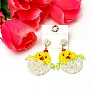 Beaded Hatching Chick Easter Earrings in White