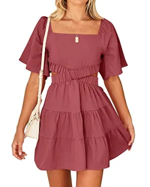 BTFBM Women Summer Dresses 2023 Square Neck Short Sleeve Cutout Crossover Waist Casual Party Tiered A-Line Mini Dress(Solid Bean Paste Red, Small)