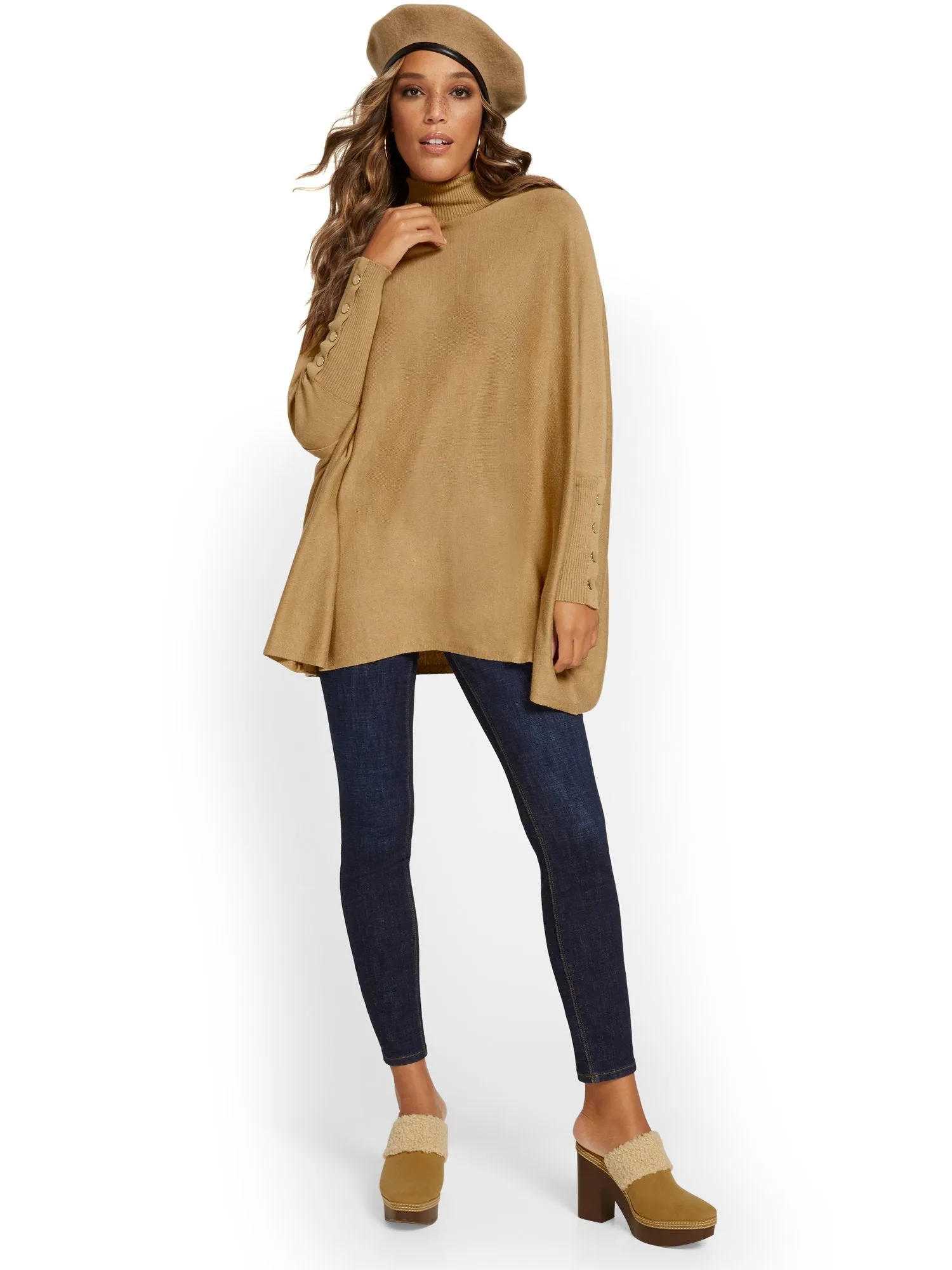 Button-Sleeve Turtleneck Poncho