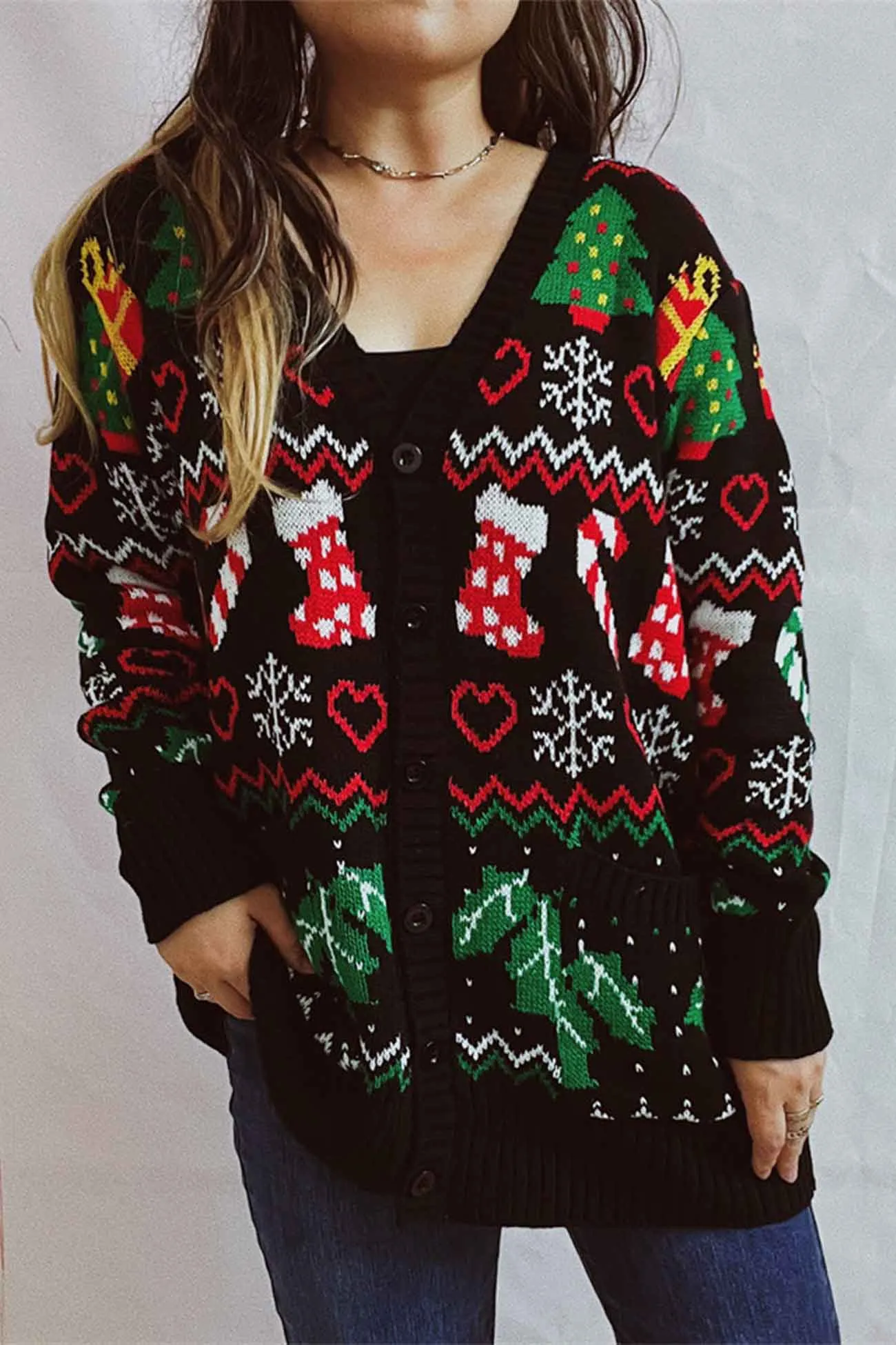 Christmas V Neck Jacquard Cardigan