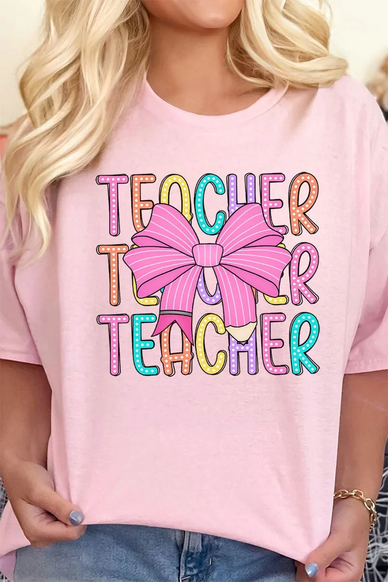 Colorful Teacher Coquette Bow Short Sleeve Relaxed Fit T-Shirt