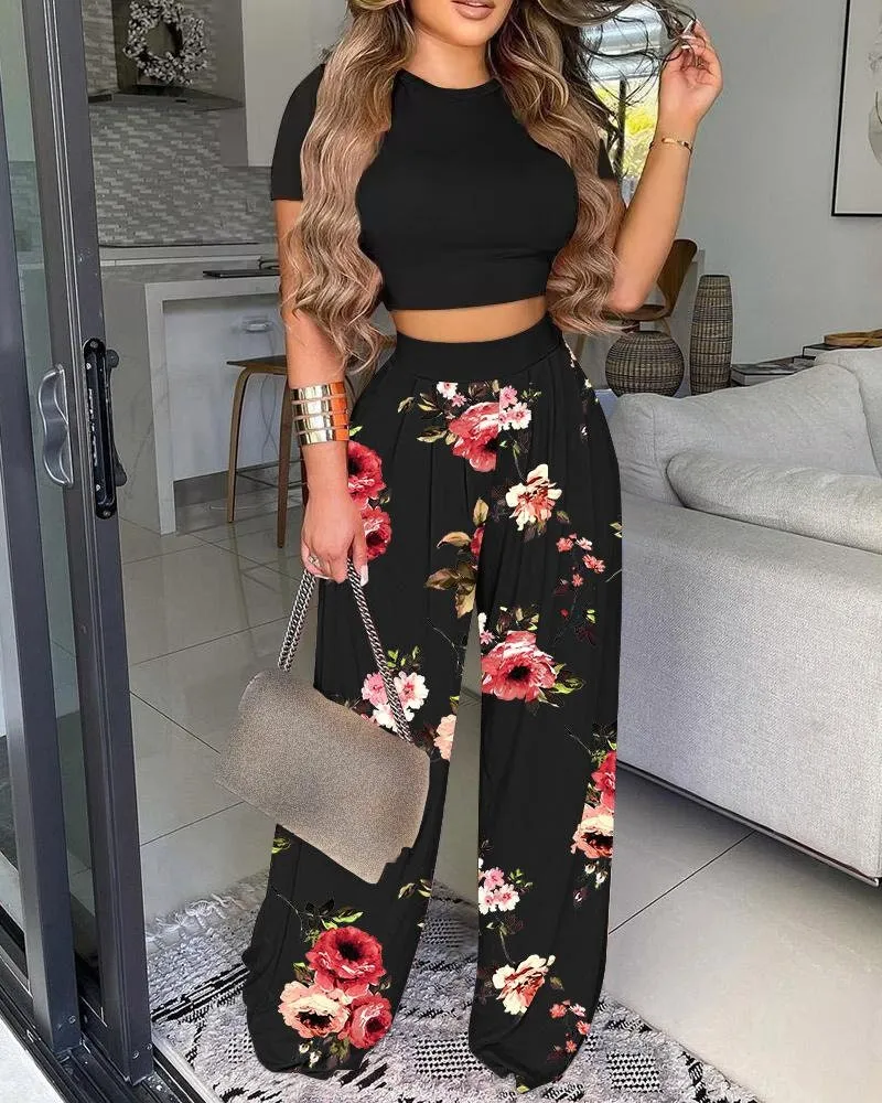 Crop Top & Floral Print Pants Set