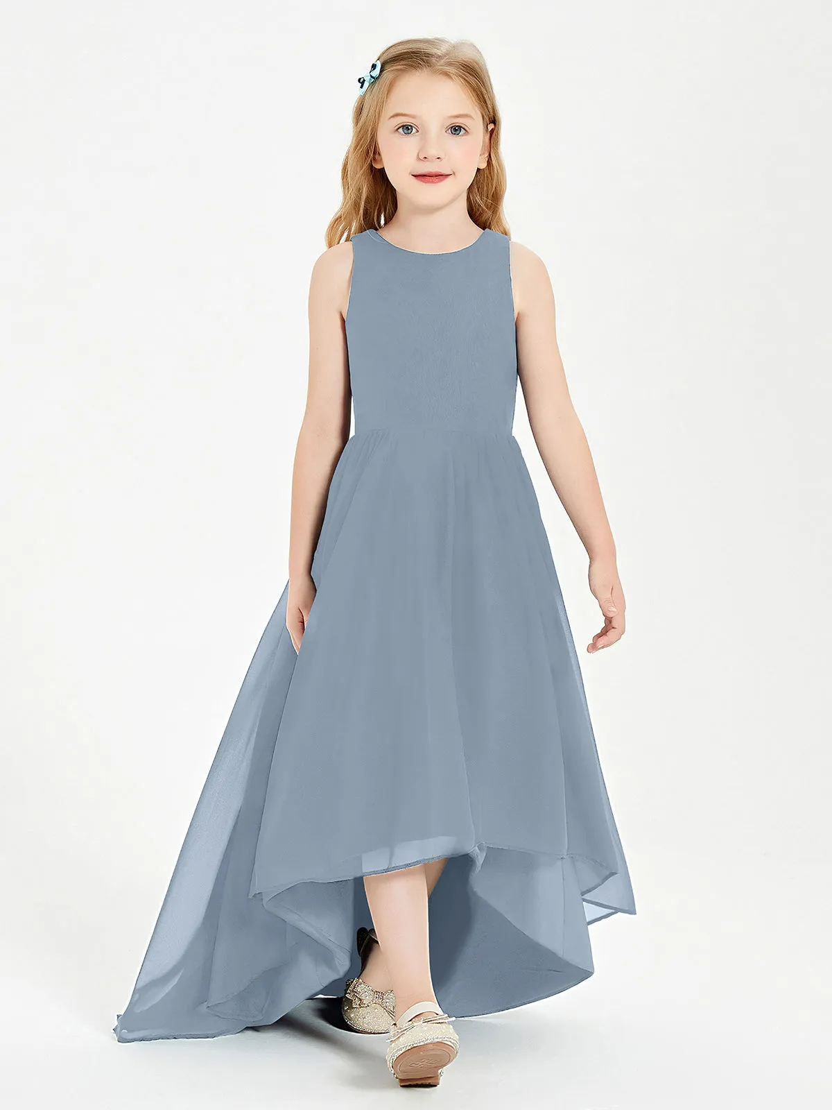 Exquisite Asymmetrical Junior Bridesmaid Dresses Scoop Neck Dusty Blue