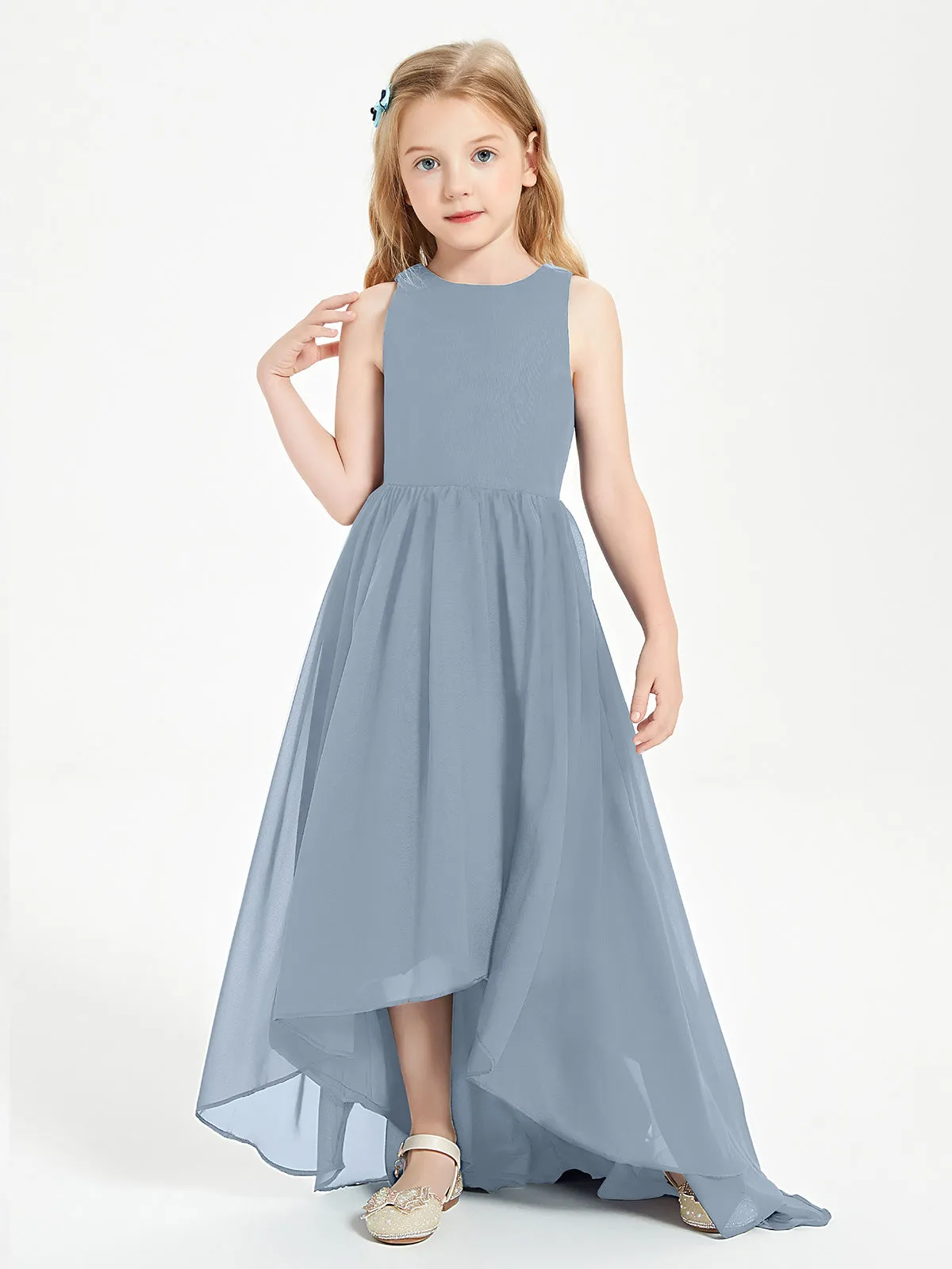 Exquisite Asymmetrical Junior Bridesmaid Dresses Scoop Neck Dusty Blue