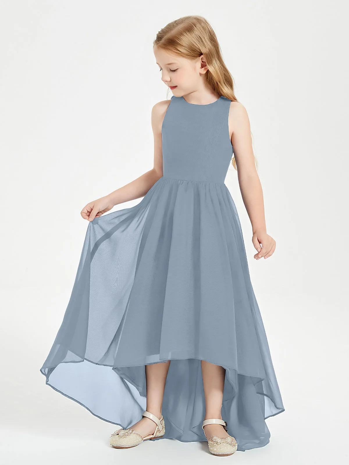 Exquisite Asymmetrical Junior Bridesmaid Dresses Scoop Neck Dusty Blue