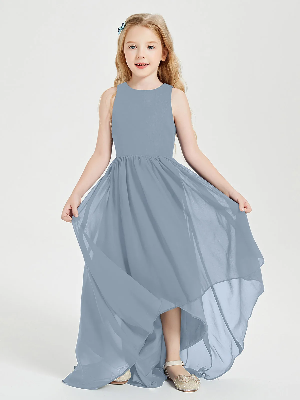 Exquisite Asymmetrical Junior Bridesmaid Dresses Scoop Neck Dusty Blue