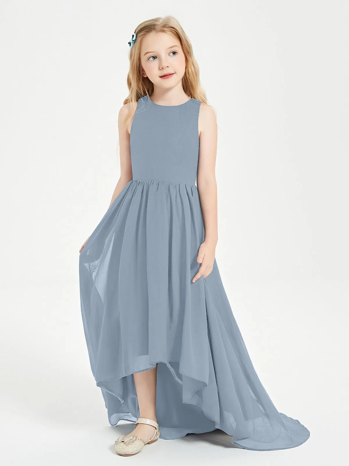 Exquisite Asymmetrical Junior Bridesmaid Dresses Scoop Neck Dusty Blue