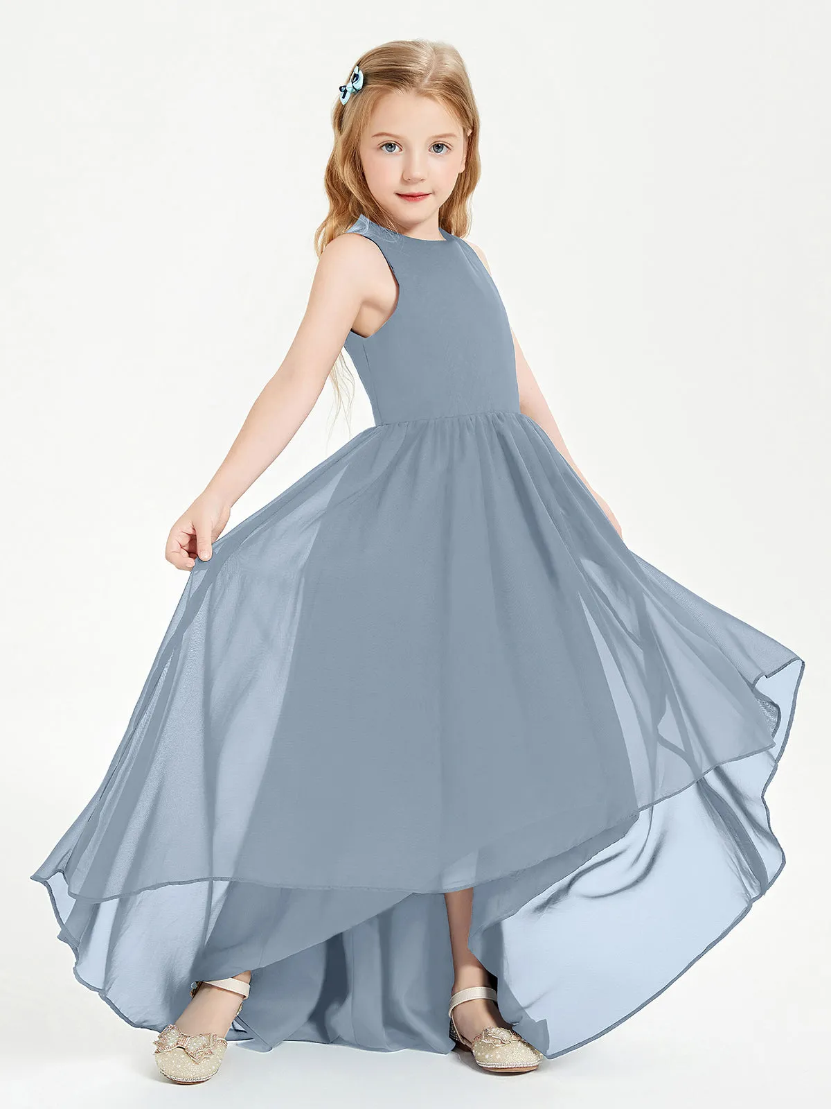 Exquisite Asymmetrical Junior Bridesmaid Dresses Scoop Neck Dusty Blue