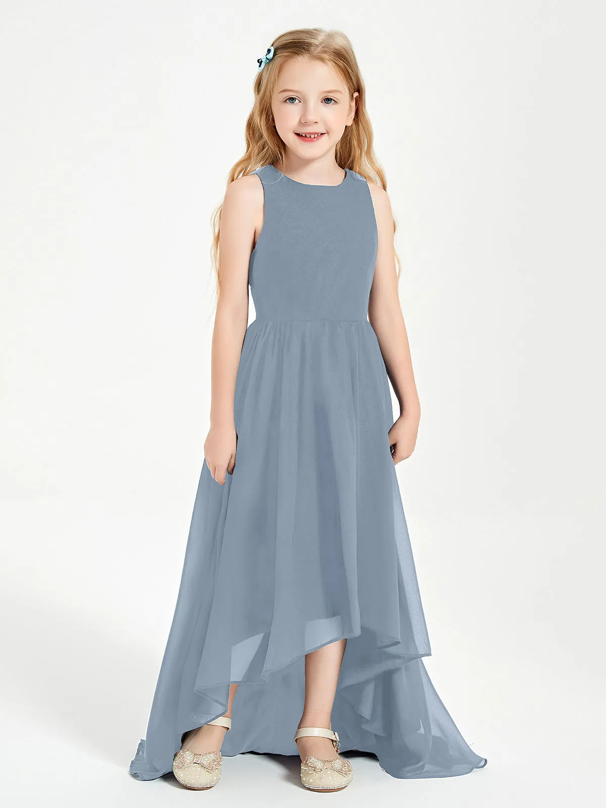 Exquisite Asymmetrical Junior Bridesmaid Dresses Scoop Neck Dusty Blue