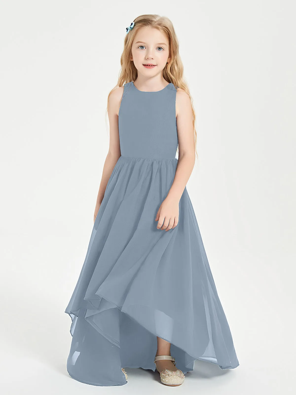 Exquisite Asymmetrical Junior Bridesmaid Dresses Scoop Neck Dusty Blue