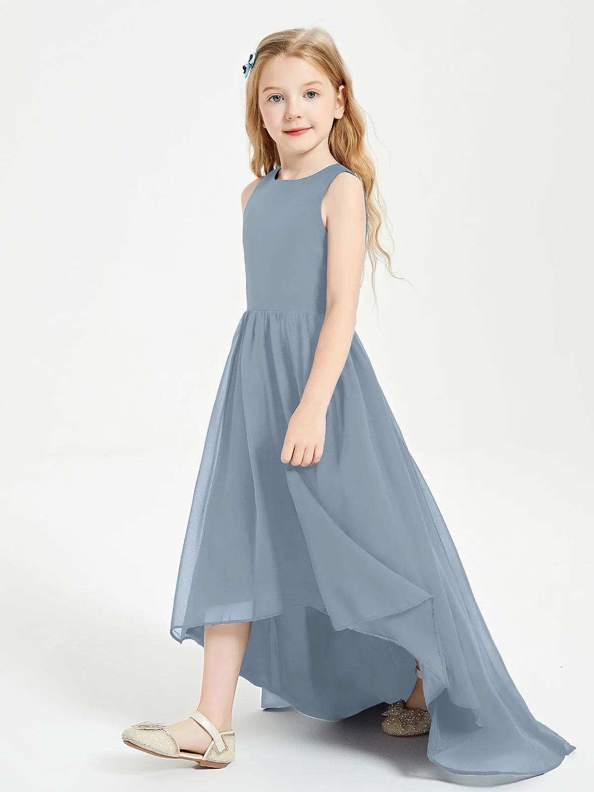 Exquisite Asymmetrical Junior Bridesmaid Dresses Scoop Neck Dusty Blue