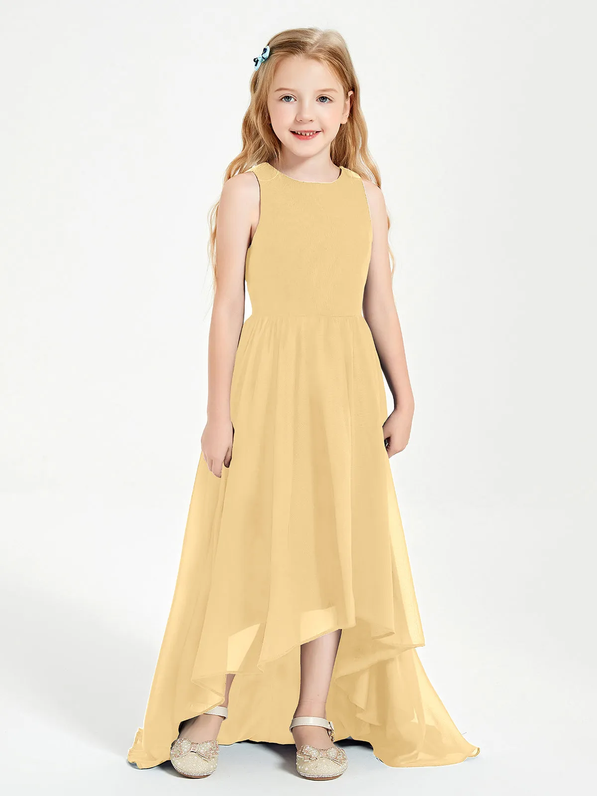 Exquisite Asymmetrical Junior Bridesmaid Dresses Scoop Neck Gold