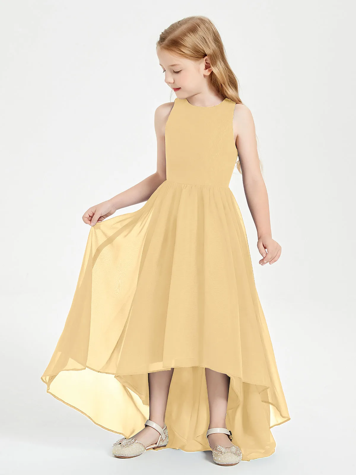 Exquisite Asymmetrical Junior Bridesmaid Dresses Scoop Neck Gold