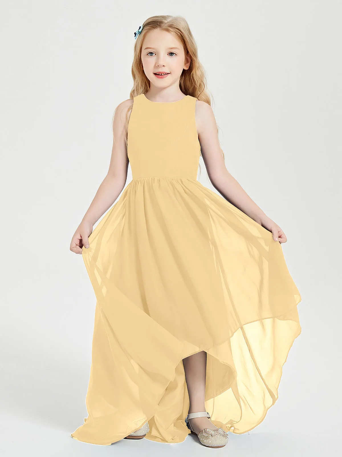 Exquisite Asymmetrical Junior Bridesmaid Dresses Scoop Neck Gold