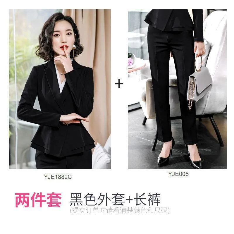 Factory spot wholesale wine red blue black 5XL women&#39;s winter two-piece formal Long Sleeve Ruffle slim fitting suit and pants of