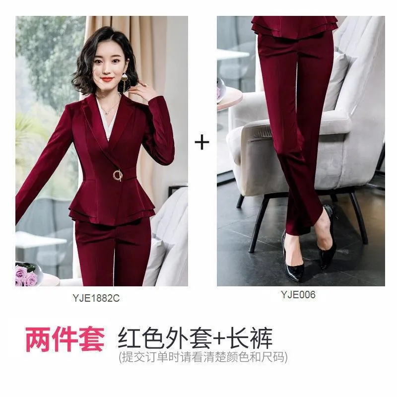 Factory spot wholesale wine red blue black 5XL women&#39;s winter two-piece formal Long Sleeve Ruffle slim fitting suit and pants of