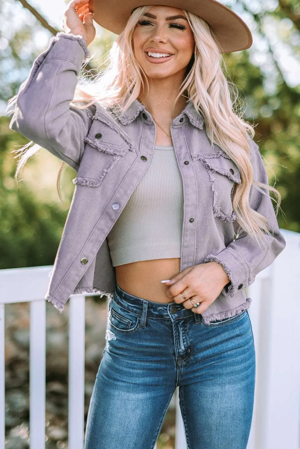 Frayed Trim Snap Down Denim Jacket