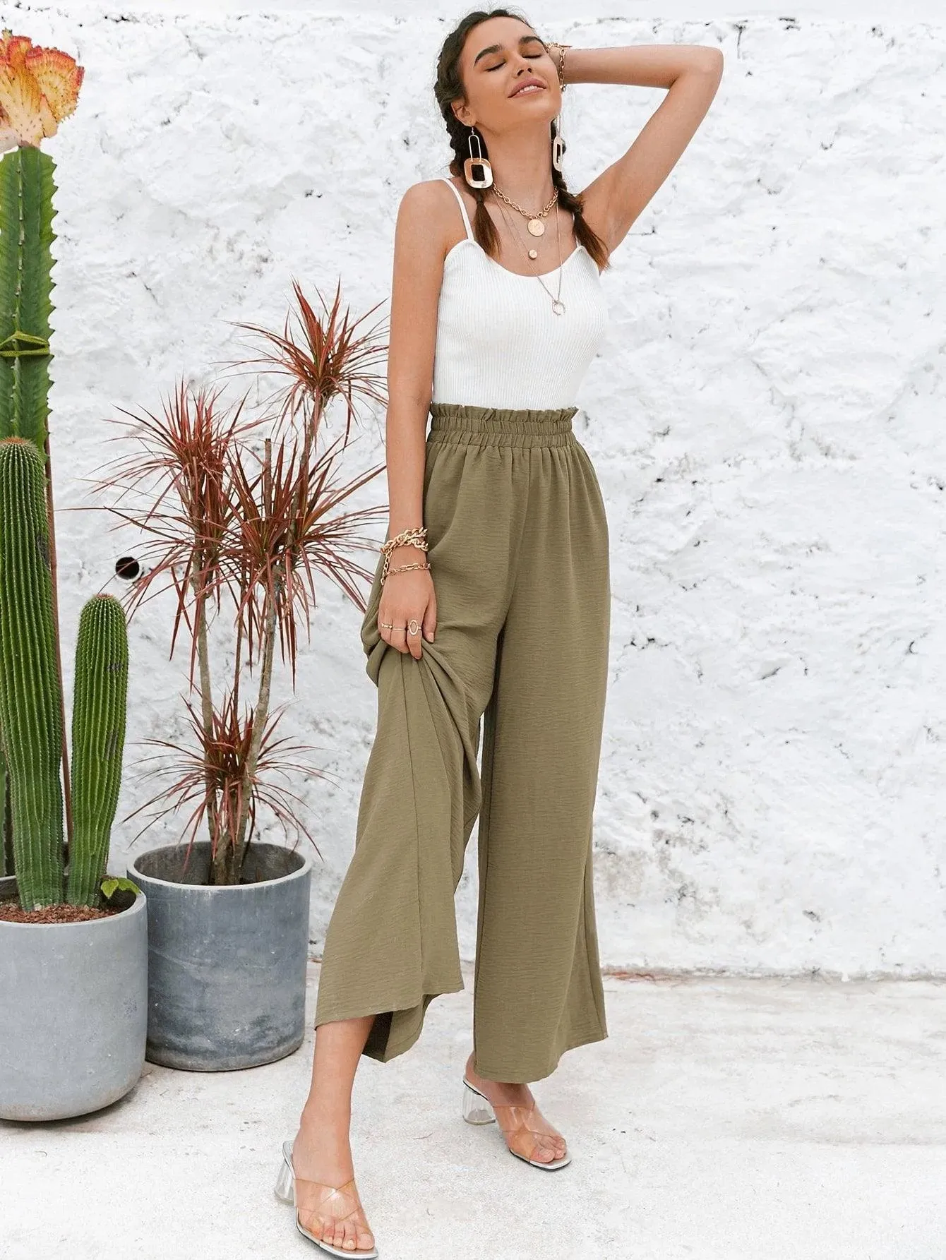 Frill Elastic Waist Wide Leg Pants Without Belt