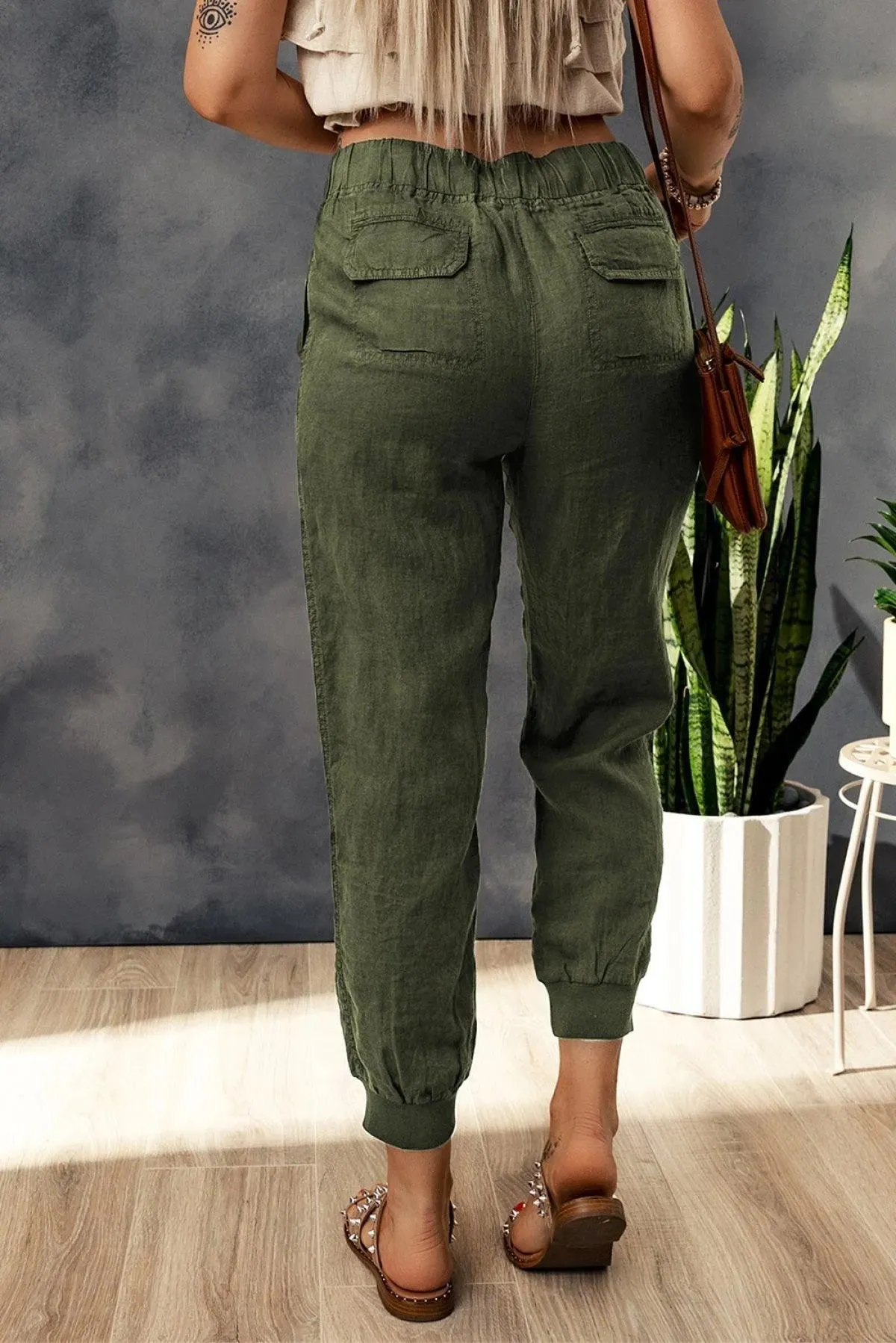 Green Drawstring Elastic Waist Cropped Joggers With Pockets