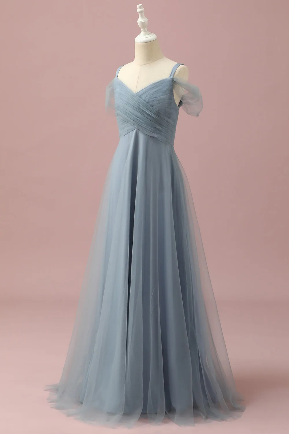 Grey Blue Cold Shoulder Tulle Junior Bridesmaid Dress