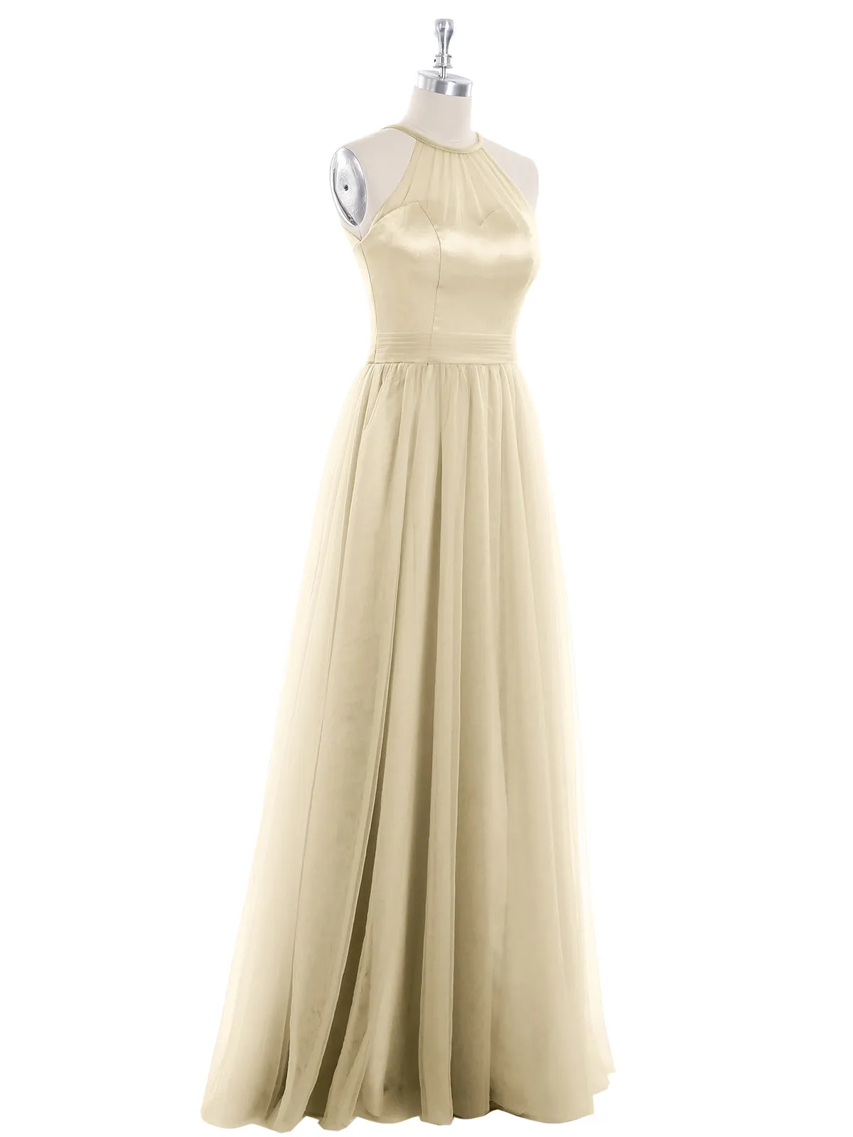 Illusion Neckline Long Tulle Dress-Champagne Plus Size