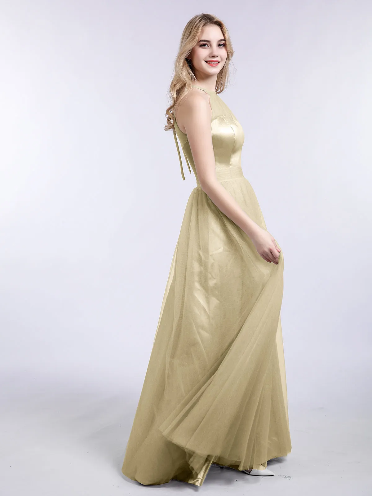 Illusion Neckline Long Tulle Dress-Champagne Plus Size