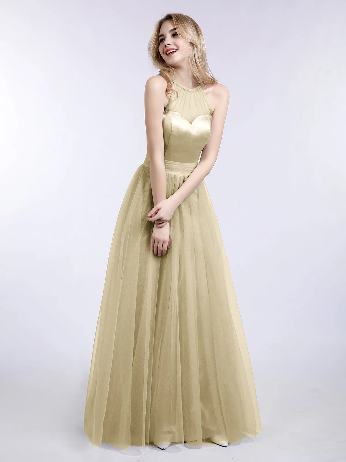 Illusion Neckline Long Tulle Dress-Champagne Plus Size