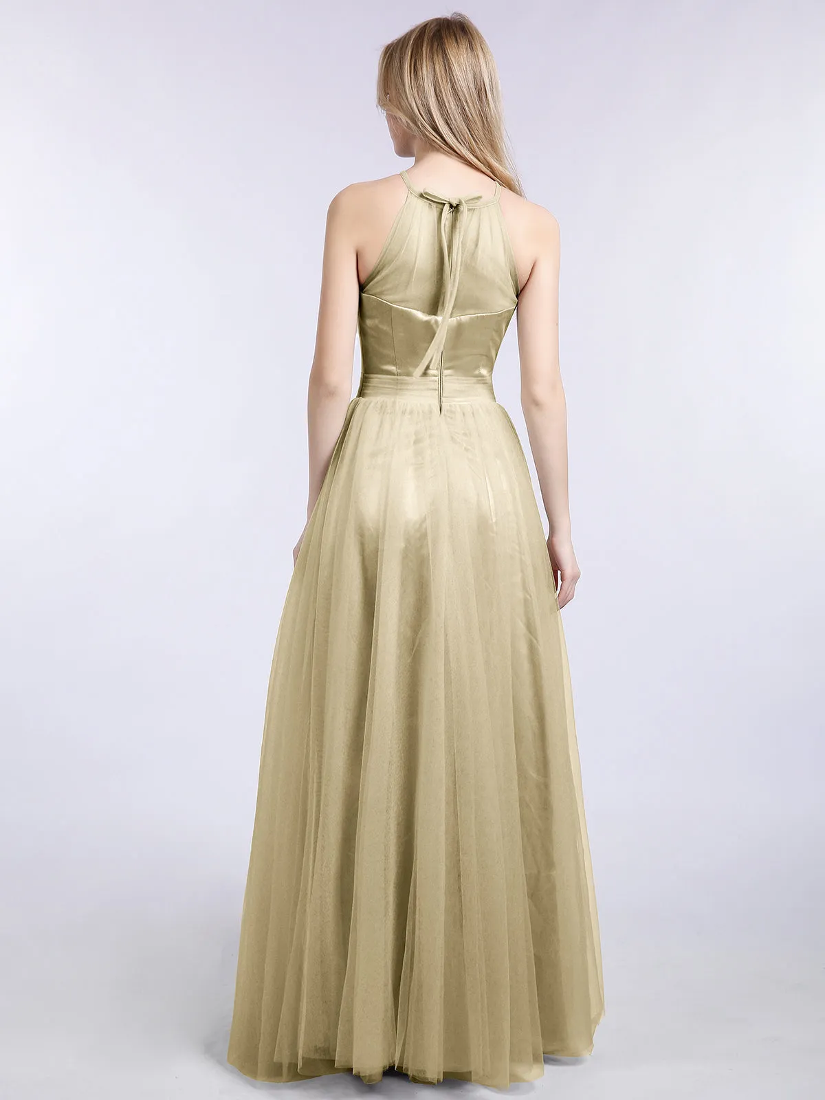 Illusion Neckline Long Tulle Dress-Champagne Plus Size