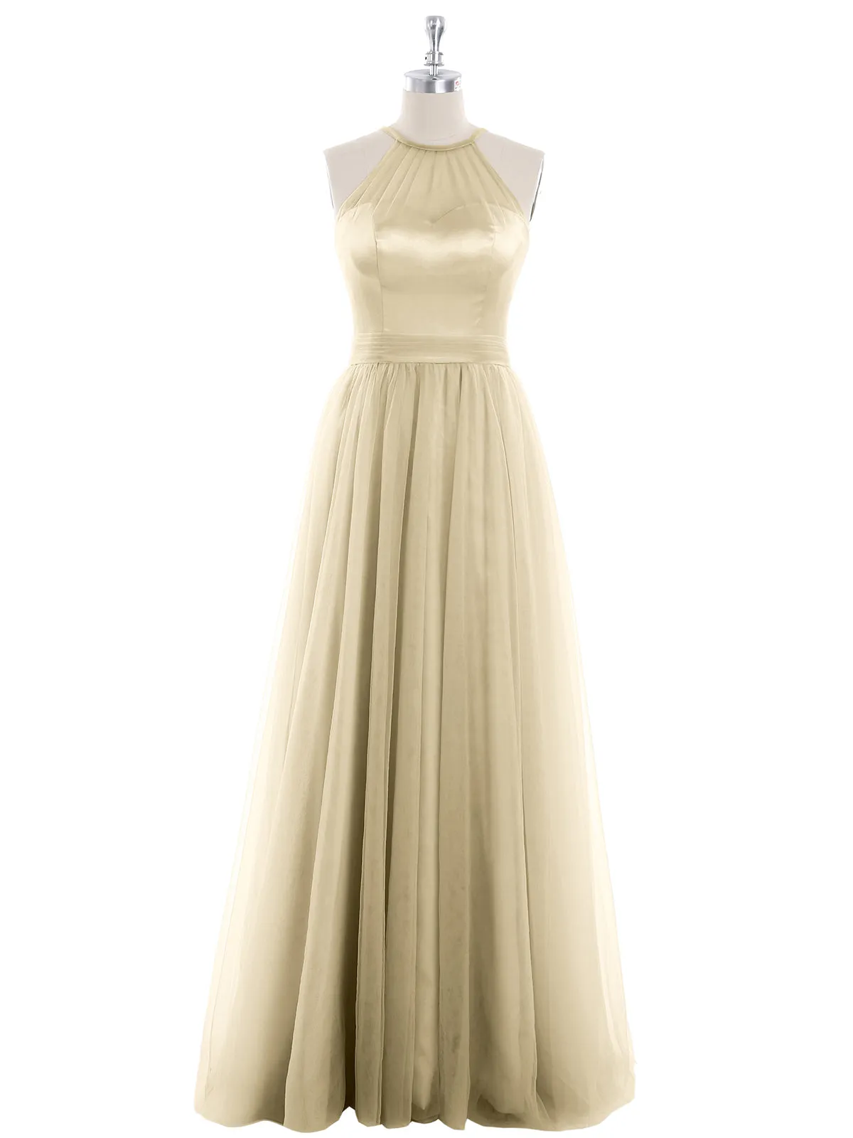 Illusion Neckline Long Tulle Dress-Champagne Plus Size