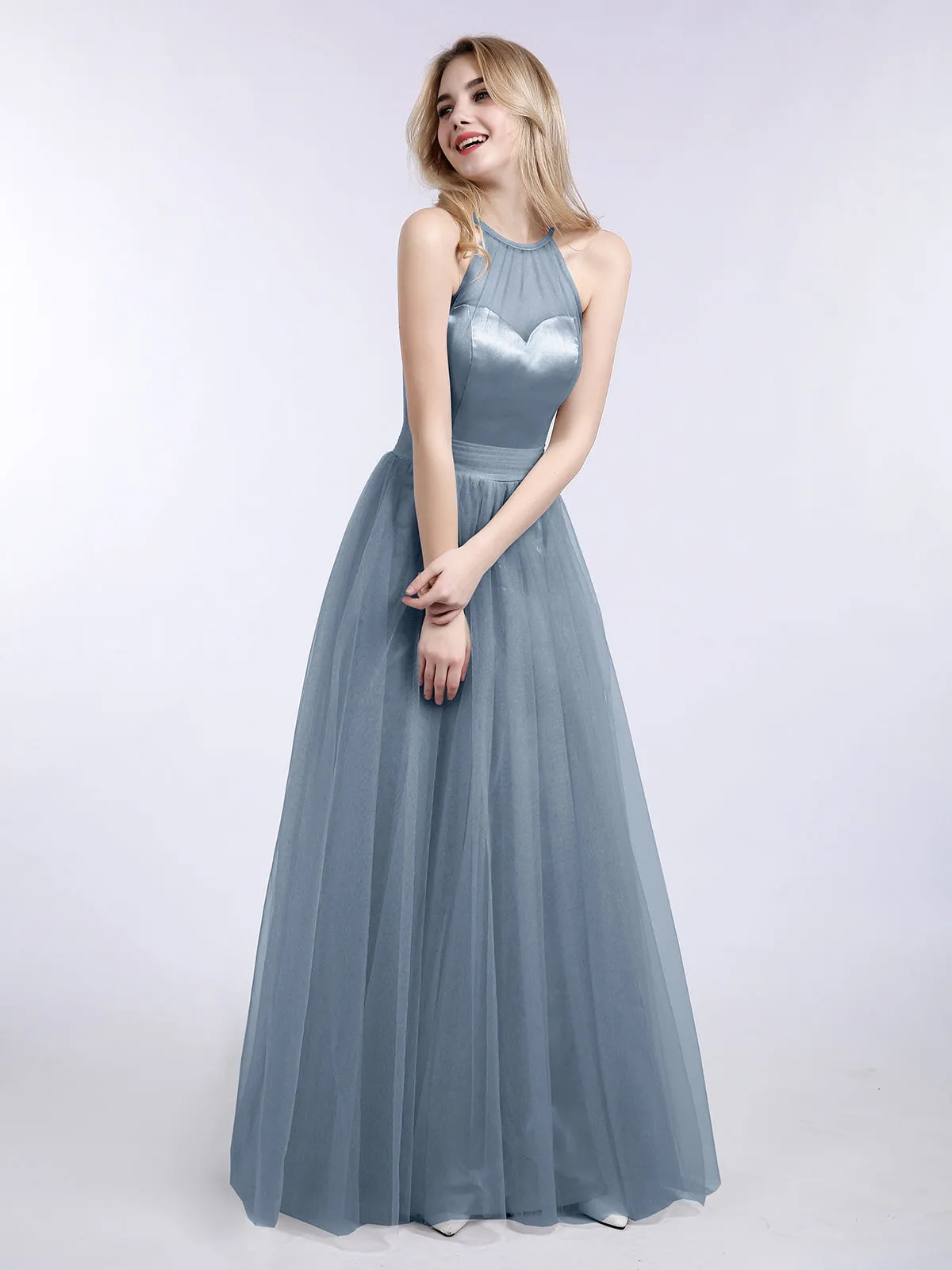 Illusion Neckline Long Tulle Dress-Dusty Blue Plus Size