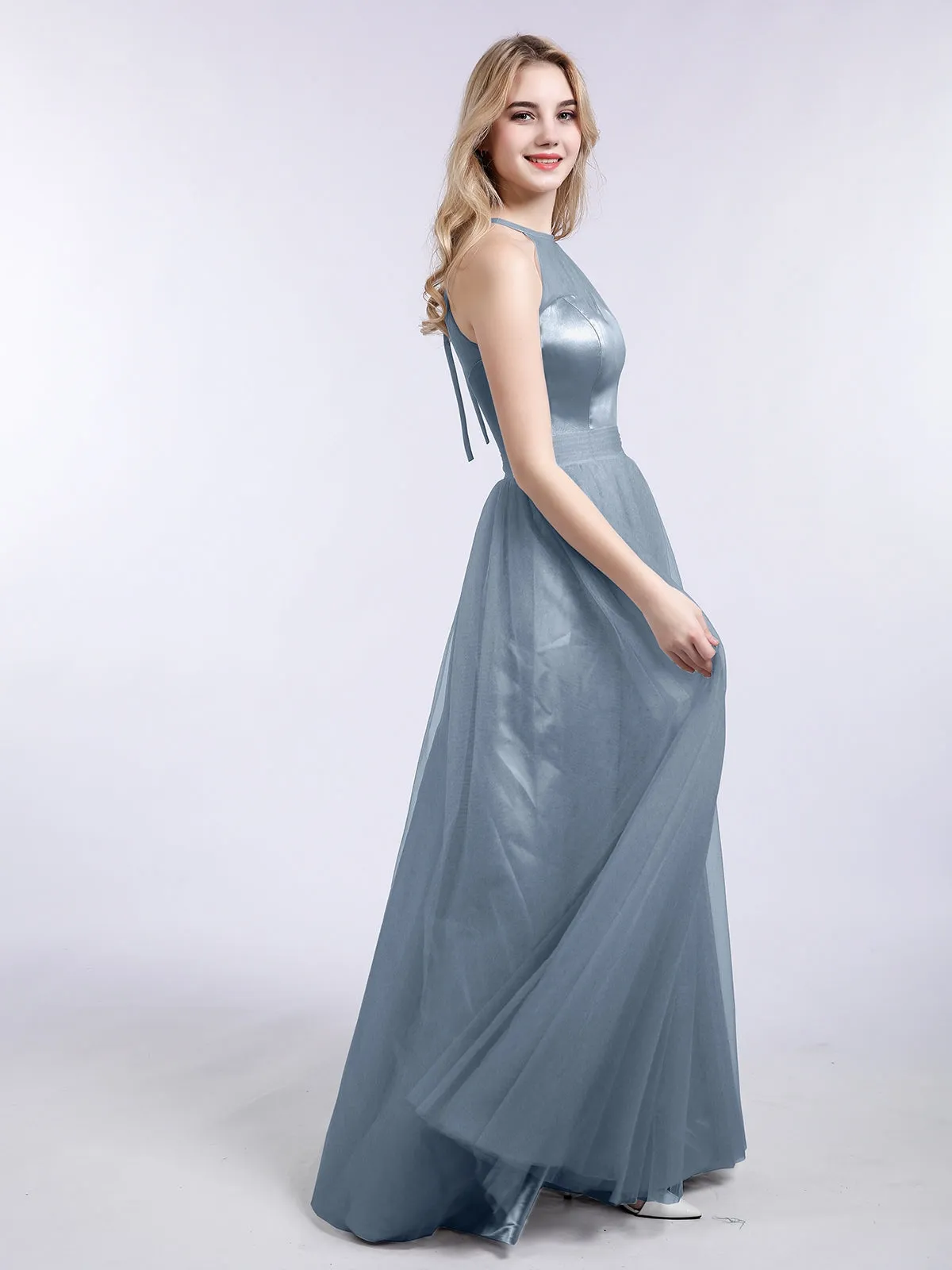 Illusion Neckline Long Tulle Dress-Dusty Blue Plus Size