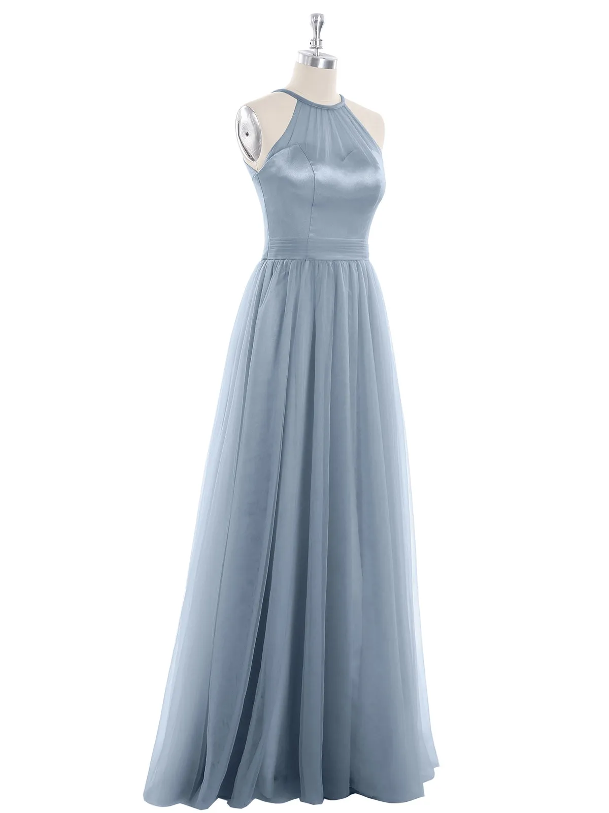 Illusion Neckline Long Tulle Dress-Dusty Blue Plus Size