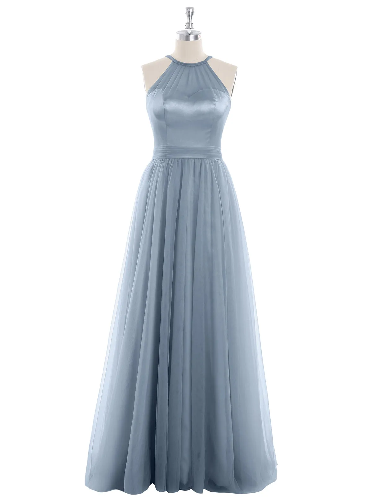 Illusion Neckline Long Tulle Dress-Dusty Blue Plus Size