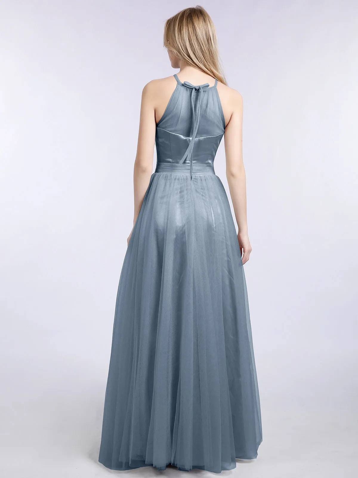 Illusion Neckline Long Tulle Dress-Dusty Blue Plus Size