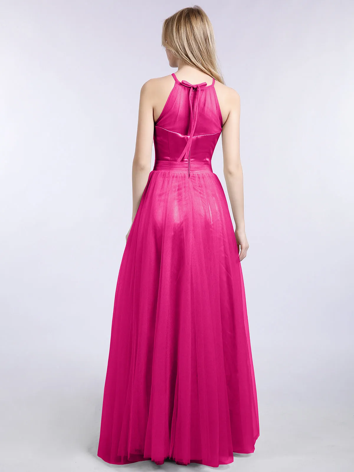 Illusion Neckline Long Tulle Dress-Fuchsia Plus Size