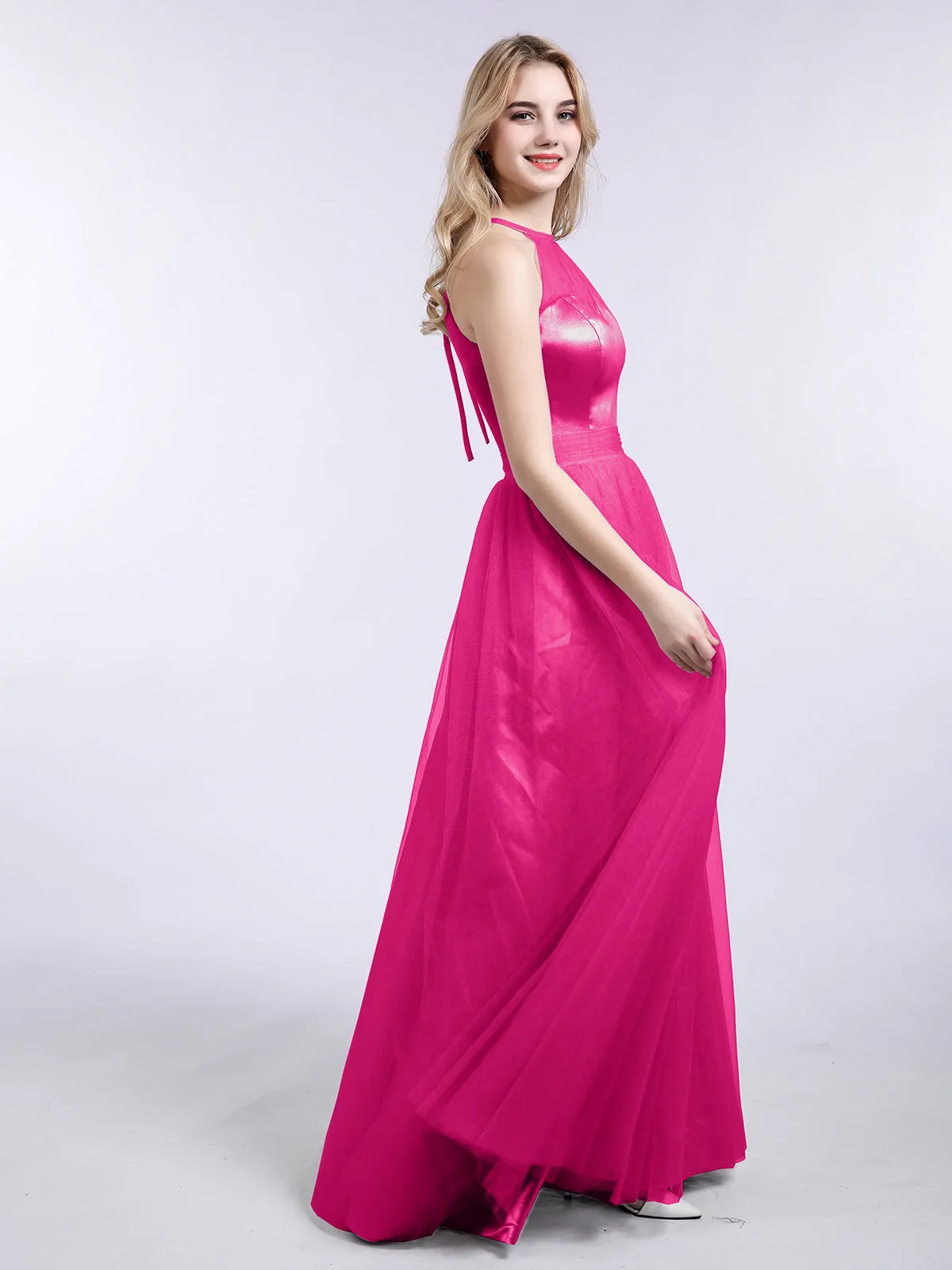 Illusion Neckline Long Tulle Dress-Fuchsia Plus Size