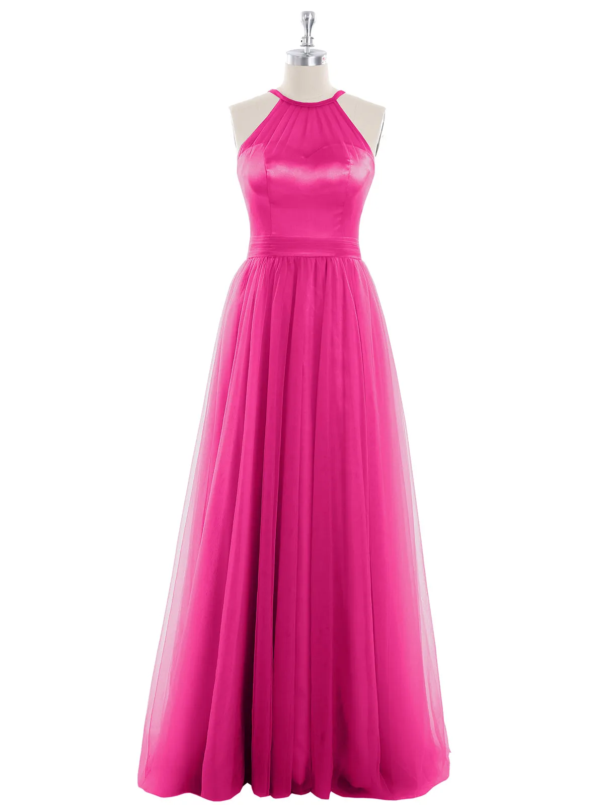 Illusion Neckline Long Tulle Dress-Fuchsia Plus Size