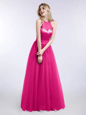 Illusion Neckline Long Tulle Dress-Fuchsia Plus Size