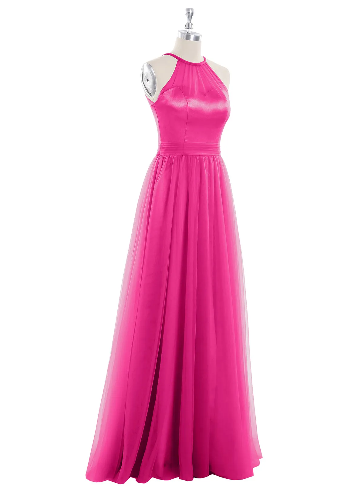 Illusion Neckline Long Tulle Dress-Fuchsia Plus Size