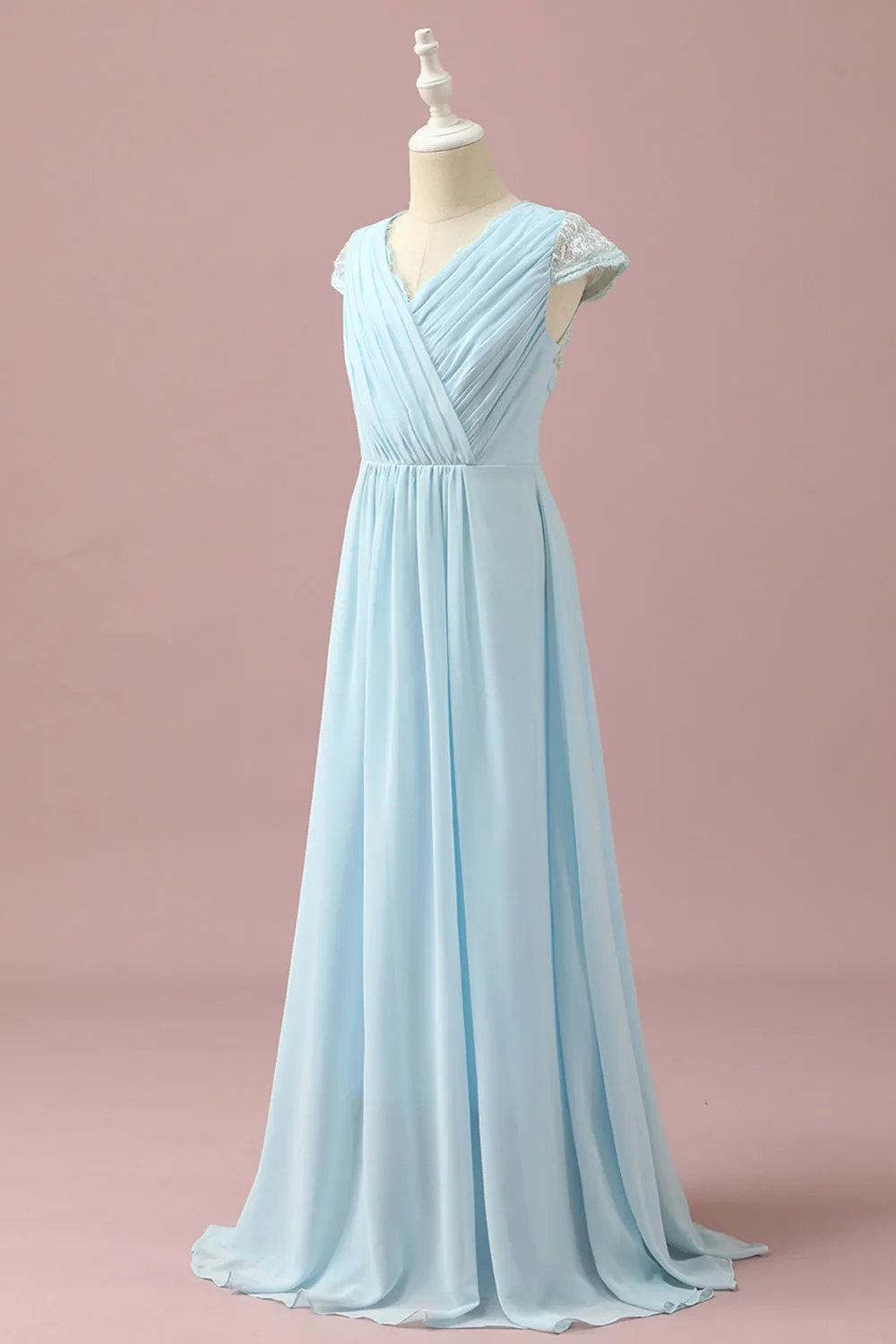 Light Blue Lace and Chiffon V-Neck Junior Bridesmaid Dress