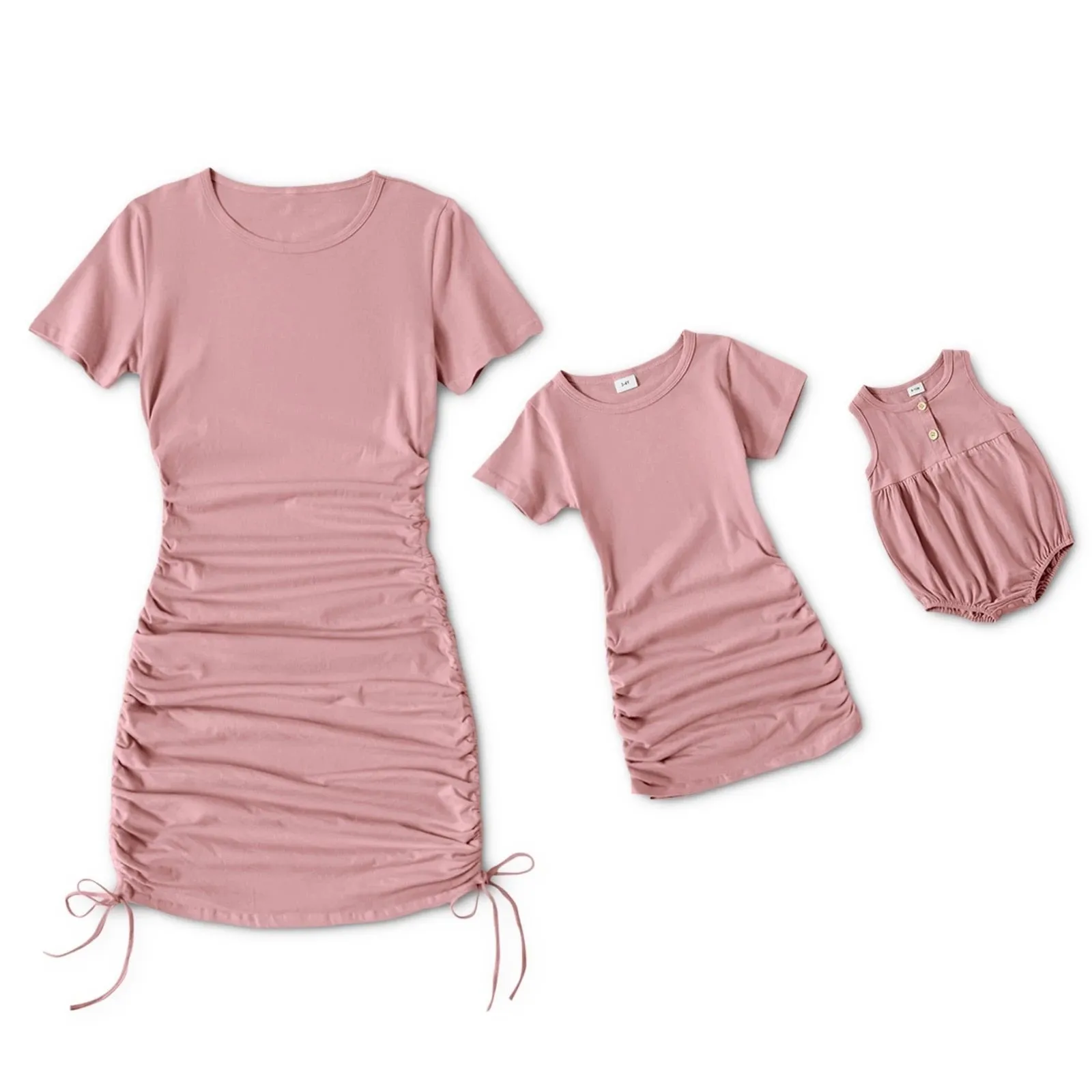 Matching Family Outfit - Mummy and Daughter Family Matching Dresses - Drawstring Design - Short Sleeve Mini Dresses