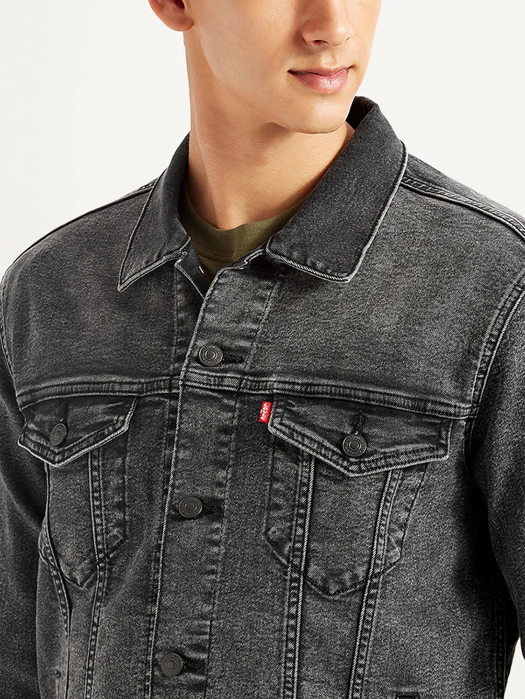 Men's Solid Charcoal Grey Denim Jacket