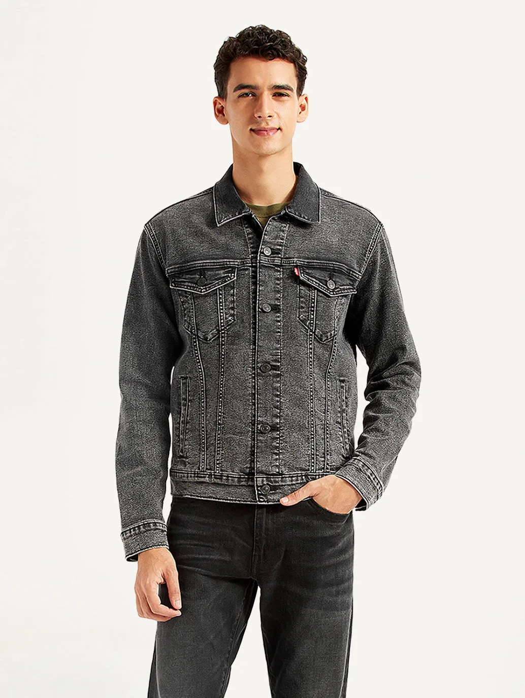 Men's Solid Charcoal Grey Denim Jacket