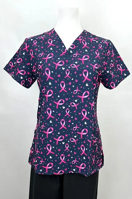 Revel Women's V-Neck Print Scrub Top | Pink Ribbons & Butterflies