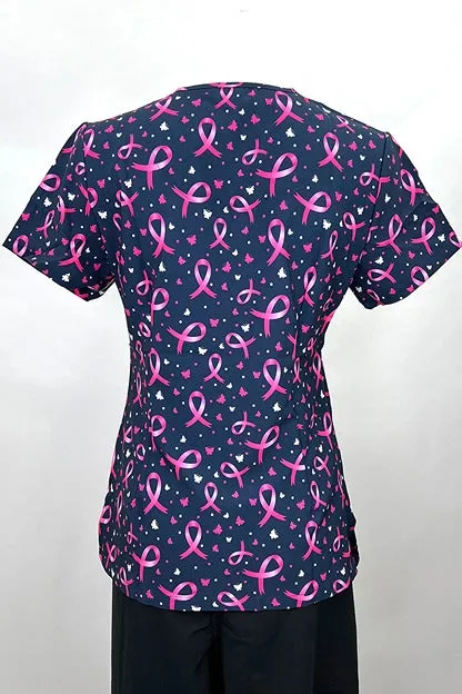 Revel Women's V-Neck Print Scrub Top | Pink Ribbons & Butterflies