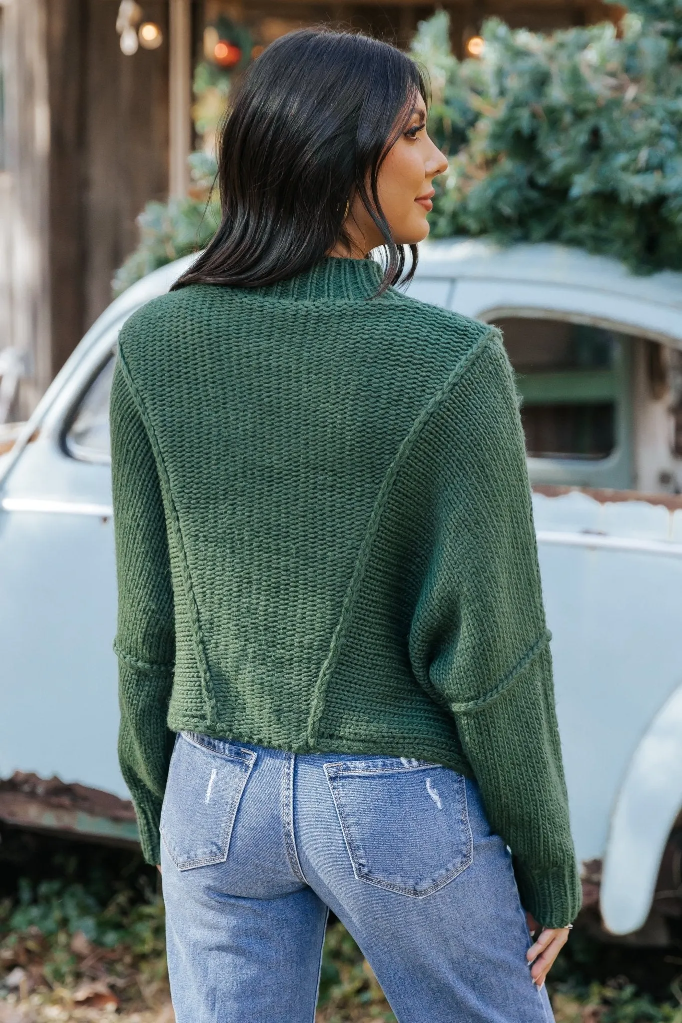 Seam Detail Mock Neck Sweater - Green