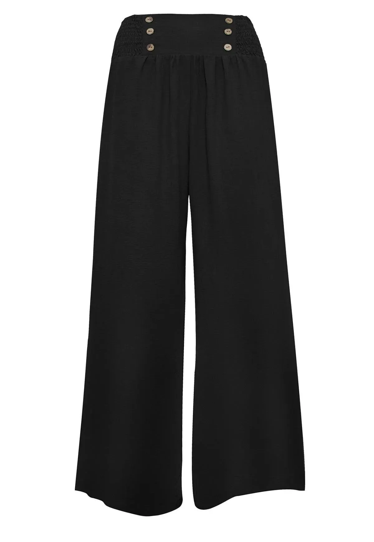 Shirred Elastic Waist High Waist Buttoned Wide Leg Pants