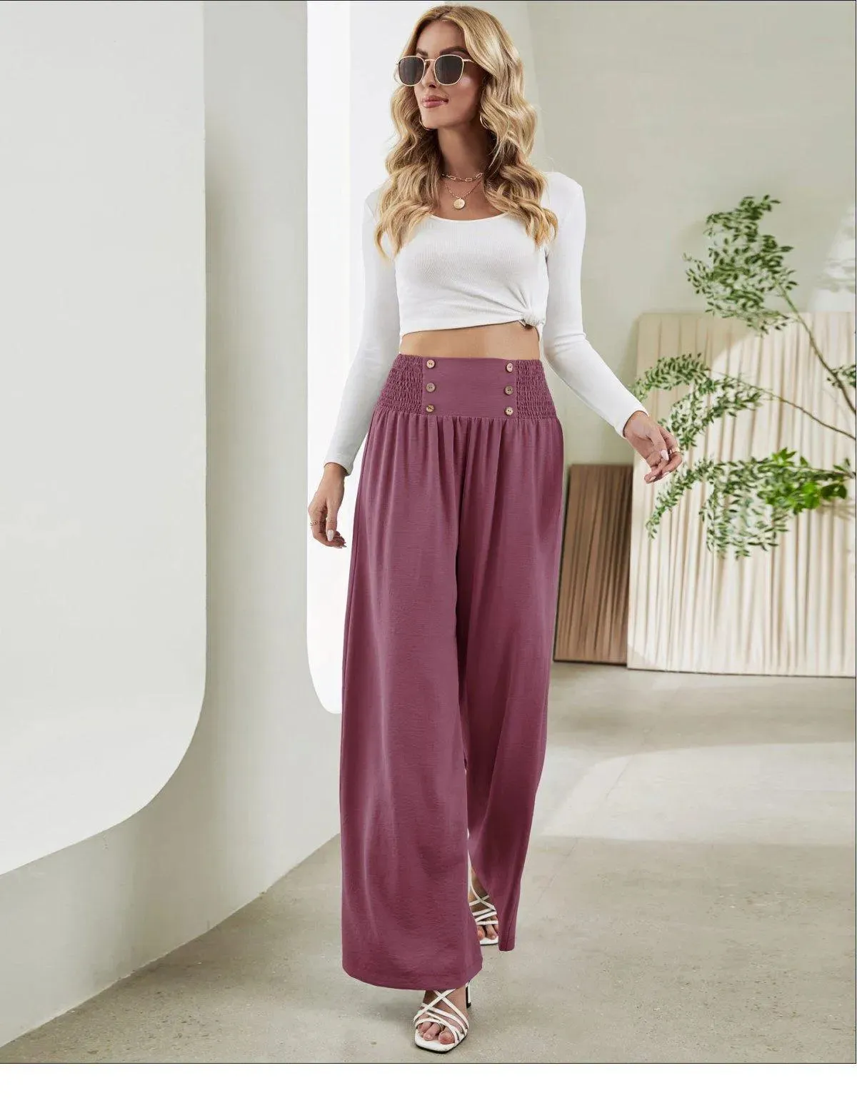 Shirred Elastic Waist High Waist Buttoned Wide Leg Pants