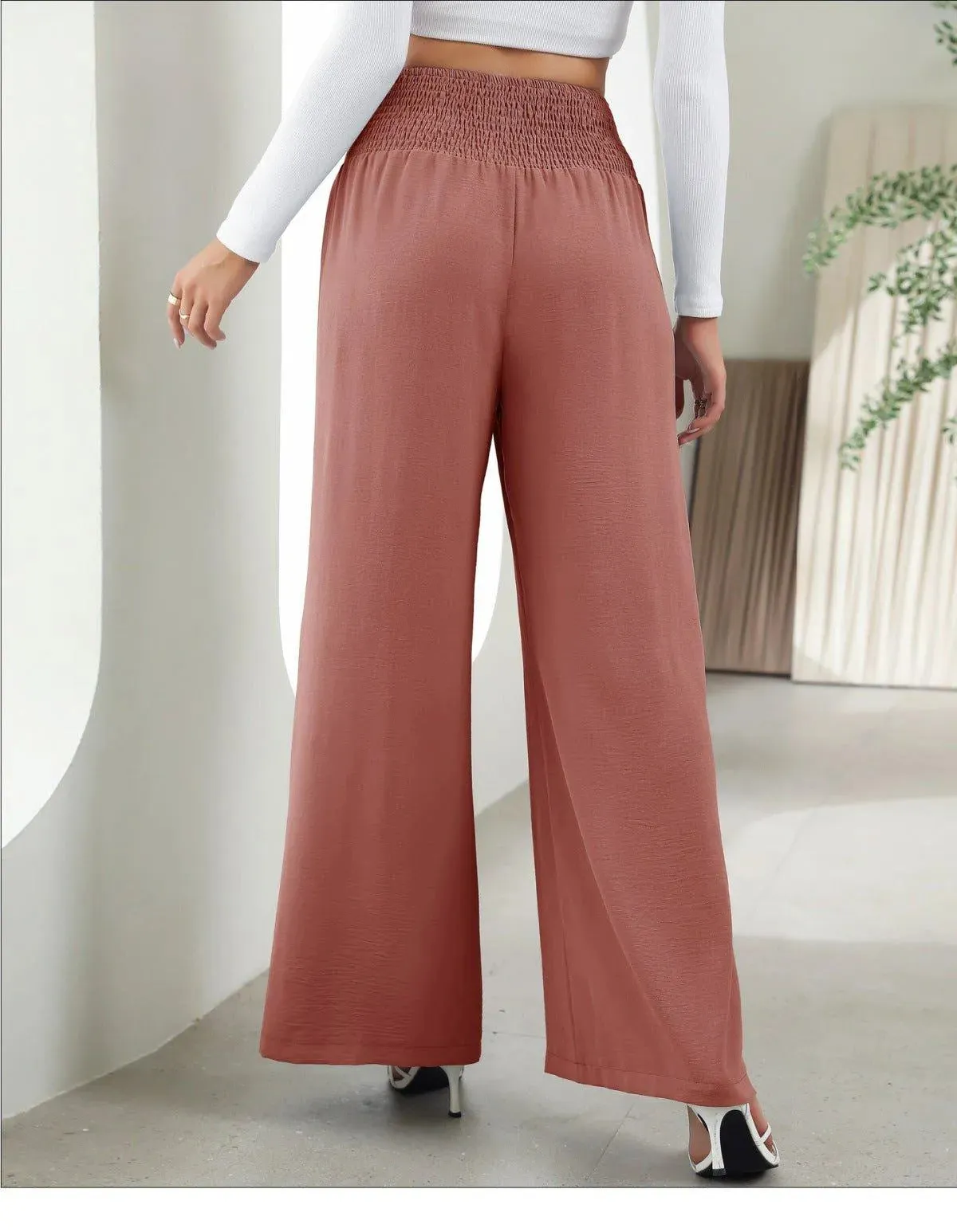 Shirred Elastic Waist High Waist Buttoned Wide Leg Pants