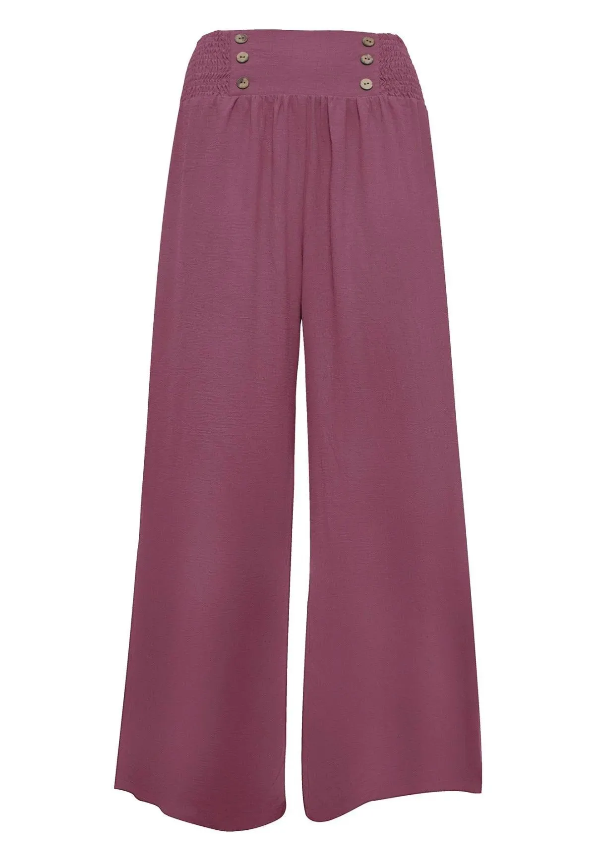 Shirred Elastic Waist High Waist Buttoned Wide Leg Pants